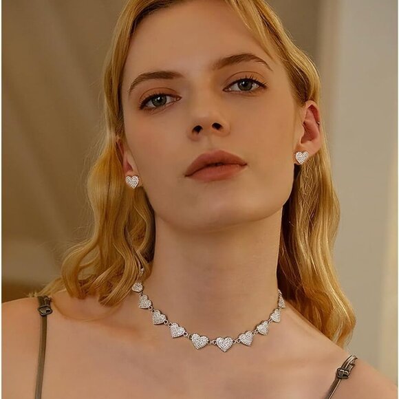 Silver Plated Heart Choker Necklaces For Women Rhinestone Heart Charm Necklaces - Picture 2 of 6